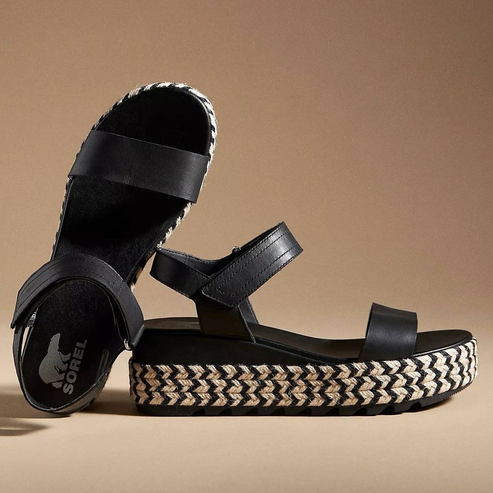 Sorel Cameron Flatform Sandals Black Leather Braided Espadrille Size 7